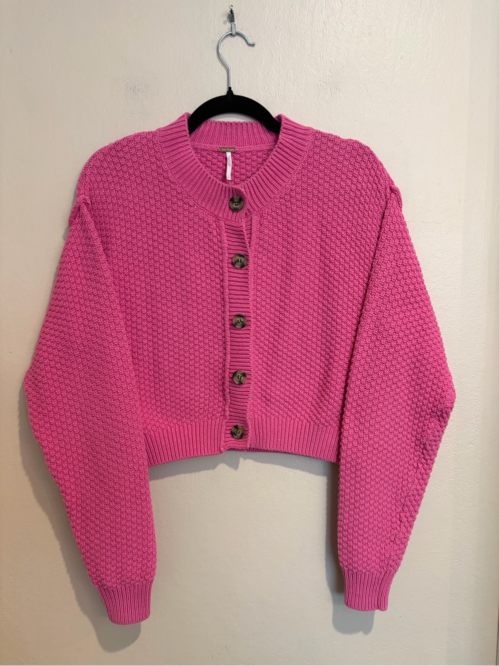 Free People Bubblegum Pink Cropped Button Up Cardigan, Girlhood Core, size S